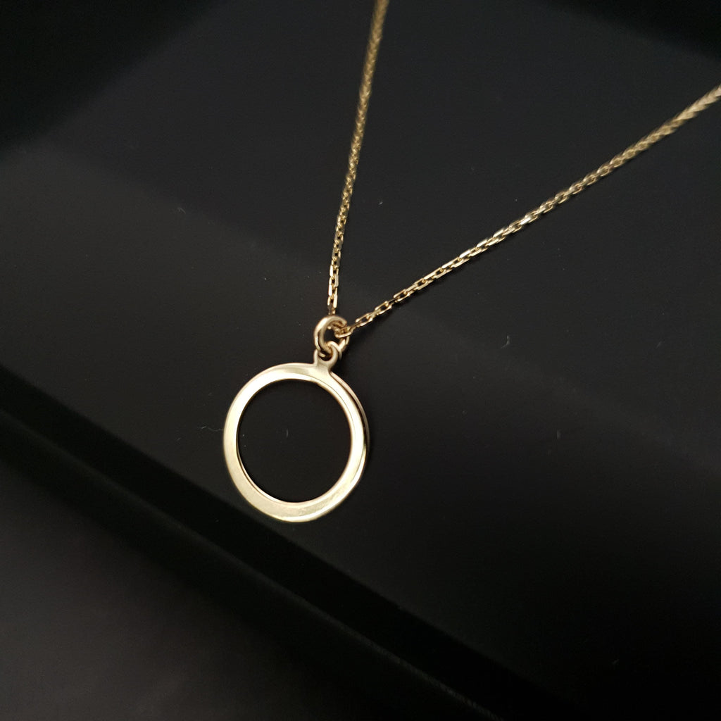 14K Gold Ring Necklace: Minimalist Circle Pendant, 18 inch Chain