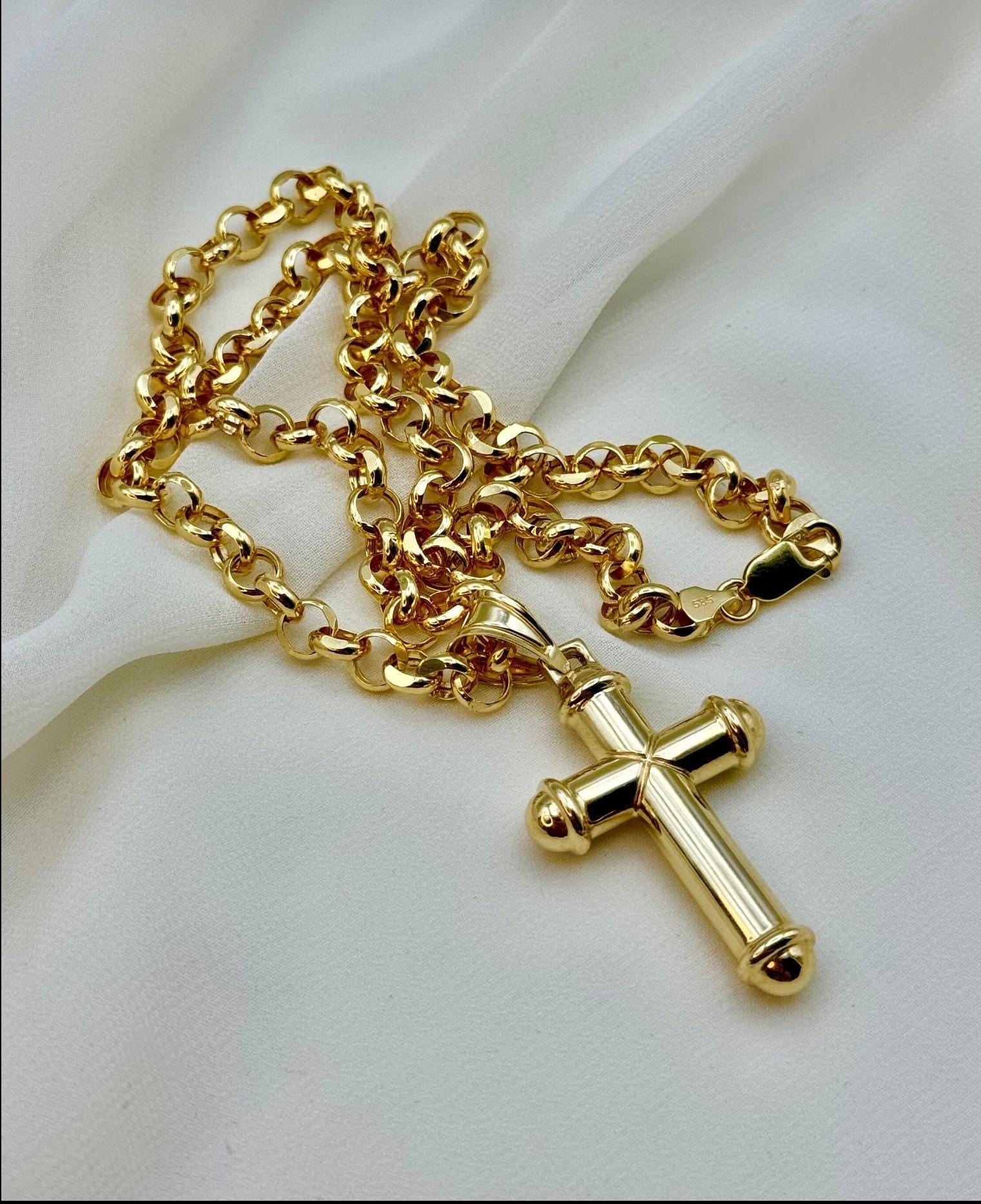 14k Real Gold Cross Necklace: Chunky Rolo Chain, Nice Gift
