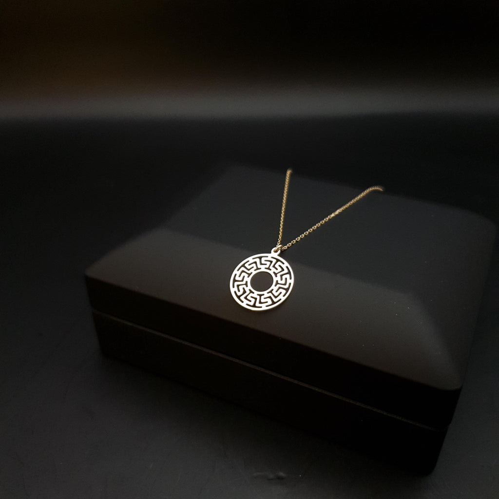 14K Gold Greek Medallion Necklace: Geometric Jewelry Gift