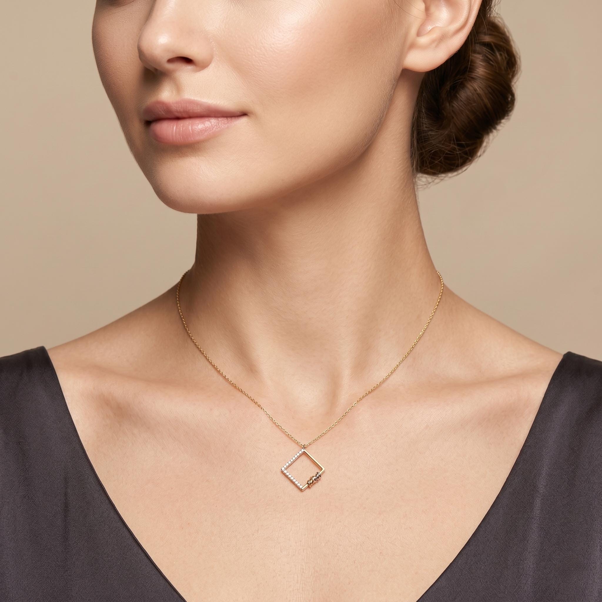 18k Gold Square Initial Necklace: Geometric Modern Design, Birthday Gift, Gift For her,