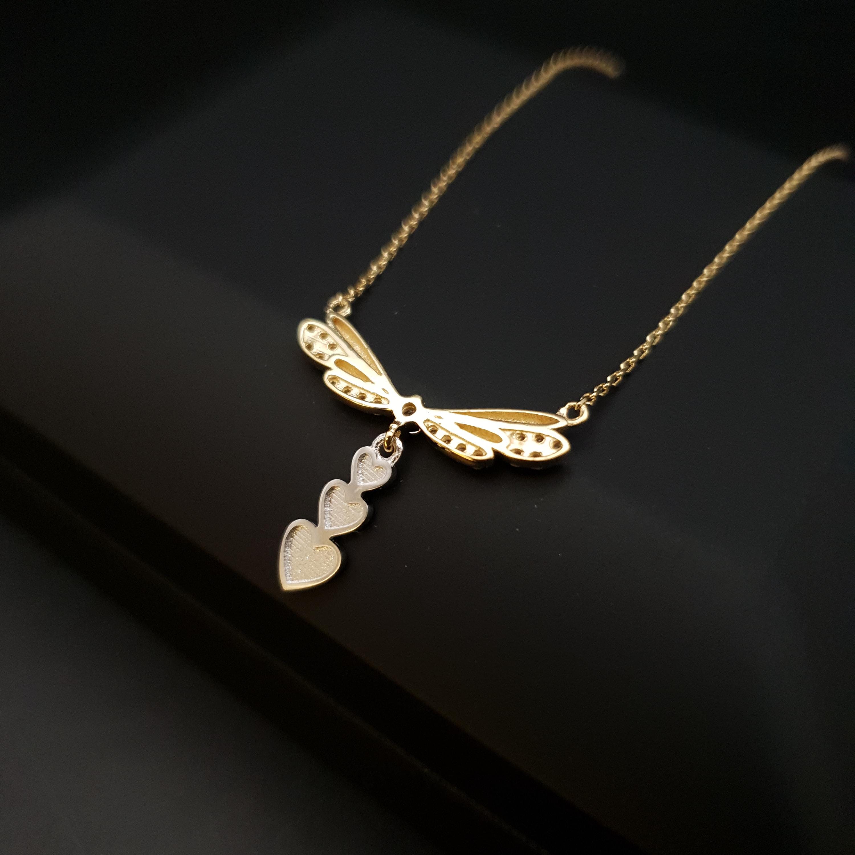 18K Gold Dragonfly Necklace with Heart Charms, Delicate Pendant