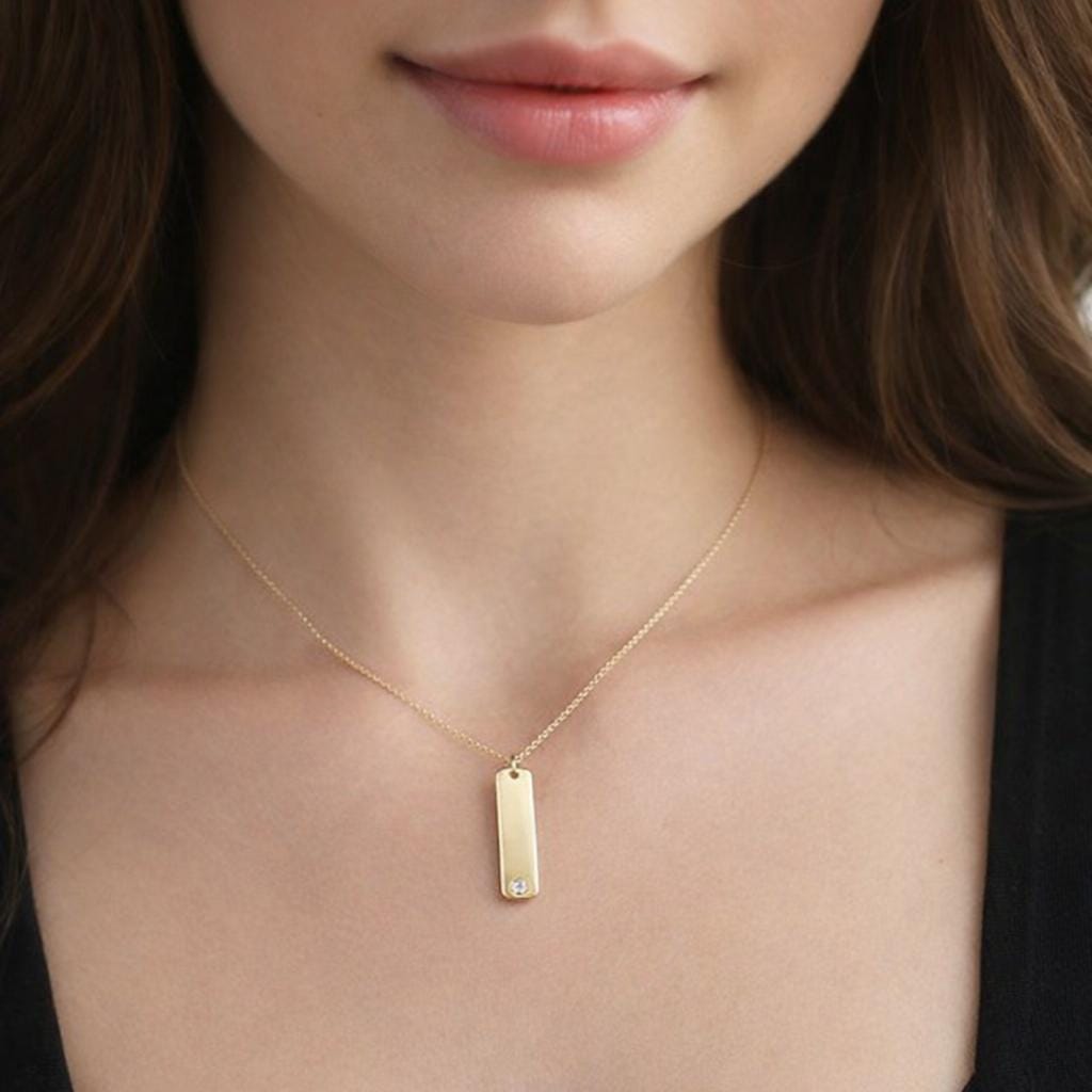 14K Gold Rectangle Plate Necklace with Charm