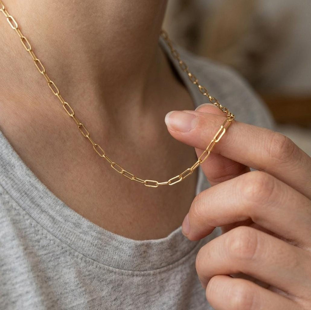 18k Real Gold Paperclip Chain Necklace, 3mm Thickness, Oval Link.