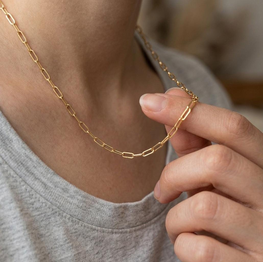 18k Real Gold Paperclip Chain Necklace, 3mm Thickness, Oval Link.