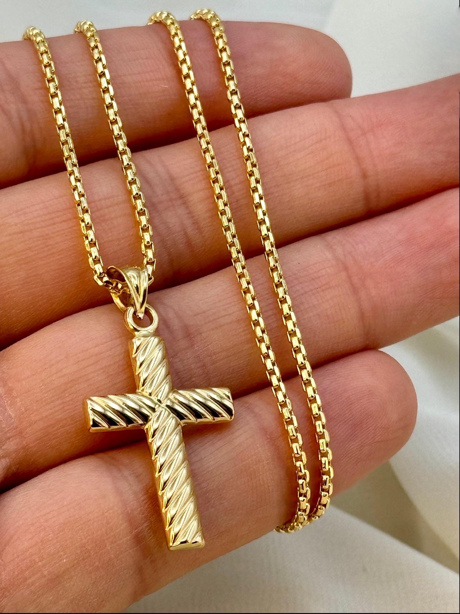 18k Real Gold Cross Necklace with 2mm Box Chain,Cross Pendant