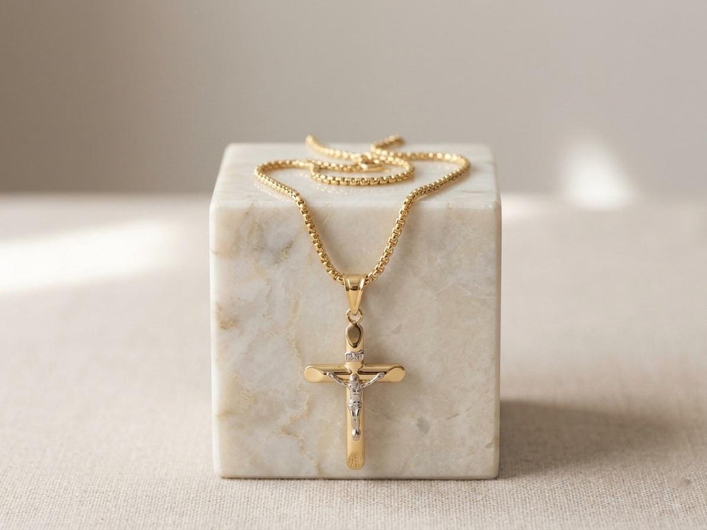 14K Real Gold Cross Necklace with Box Chain, 22 & 24 Inch Length