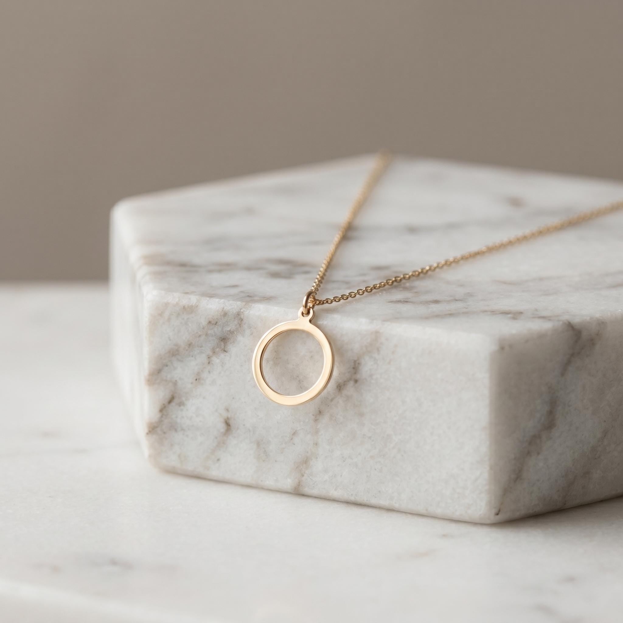 14K Gold Ring Necklace: Minimalist Circle Pendant, 18 inch Chain