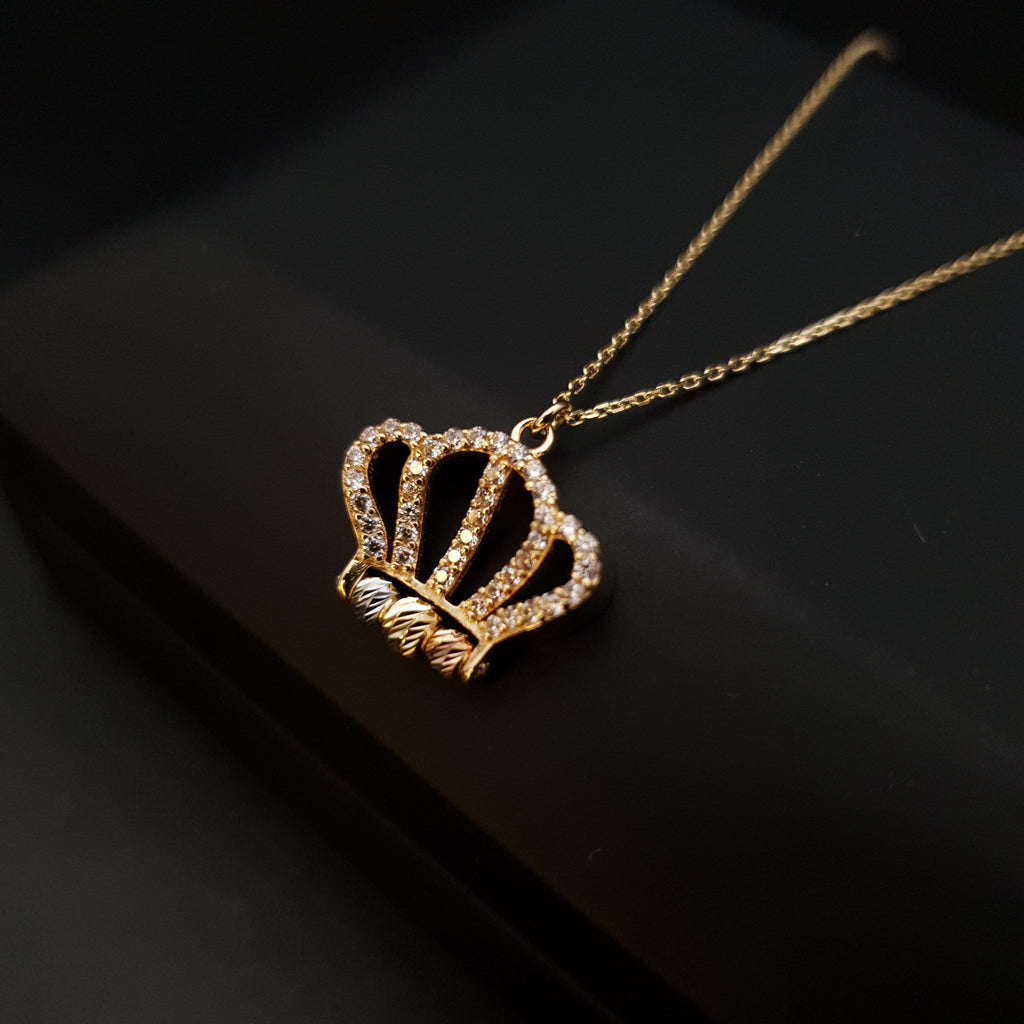 18K Gold Diamond Crown Pendant Necklace - Princess Charm