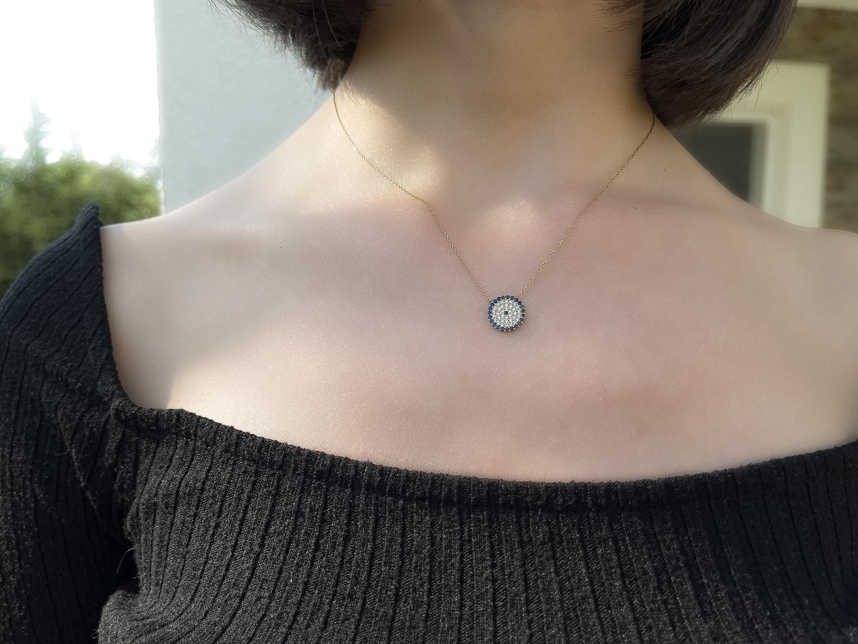 18K Gold Evil Eye Necklace, Modern Design