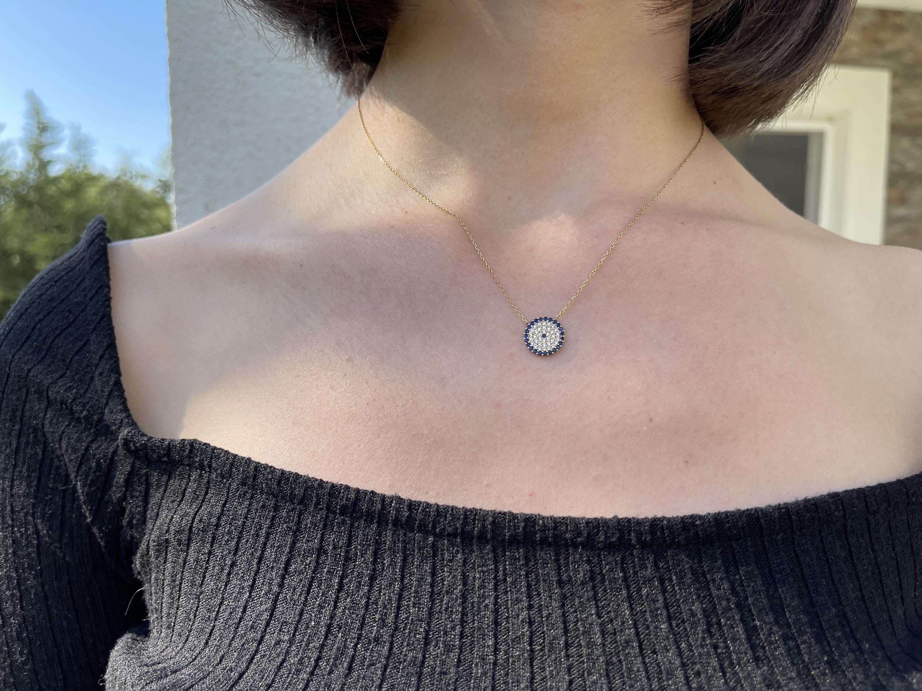 18K Gold Evil Eye Necklace, Modern Design