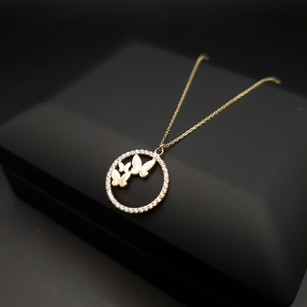 18K Gold Butterfly Necklace: Circle Pendant, Delicate Jewelry