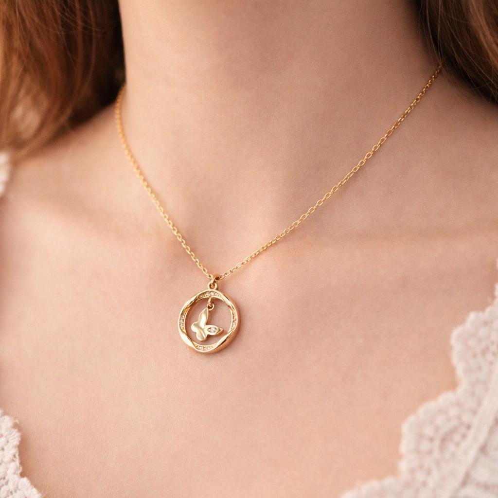 14K Gold Butterfly Circle Pendant Necklace