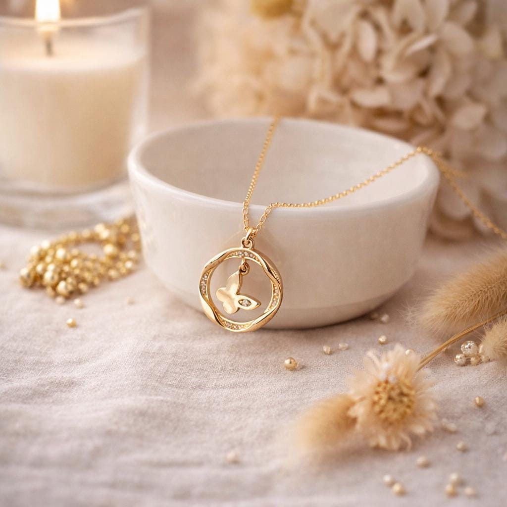 14K Gold Butterfly Circle Pendant Necklace