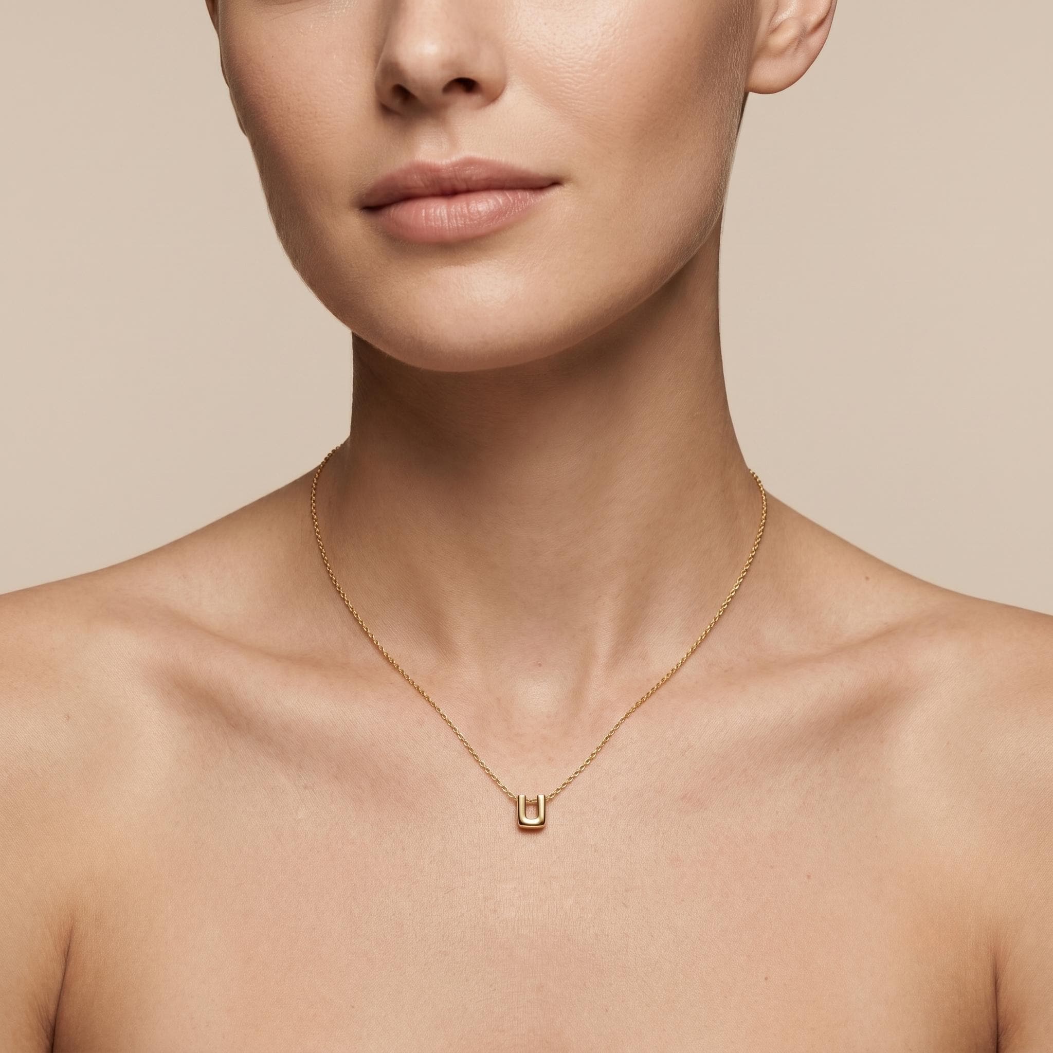 18K Real Gold U Letter Necklace - Minimalist Initial Pendant