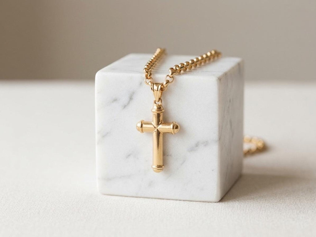 14k Real Gold Cross Necklace: Chunky Rolo Chain, Nice Gift