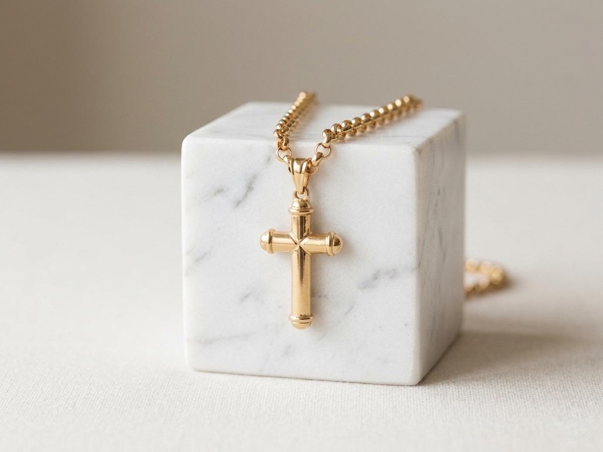 14k Real Gold Cross Necklace: Chunky Rolo Chain, Nice Gift