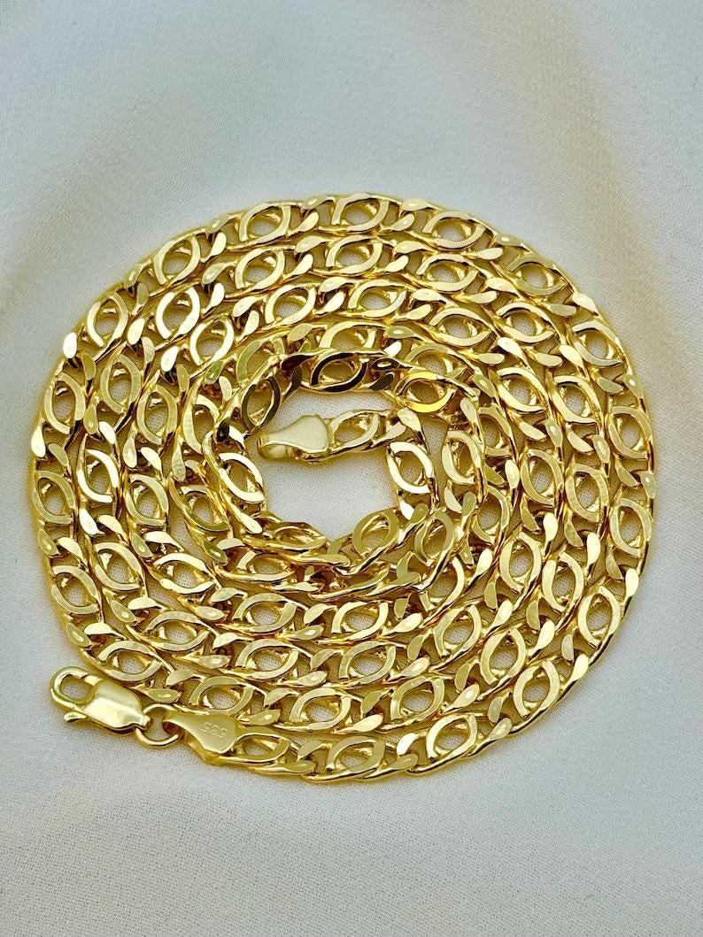 14K Real Gold Tiger Eye Link Chain Necklace: Solid Gold Unisex Jewelry