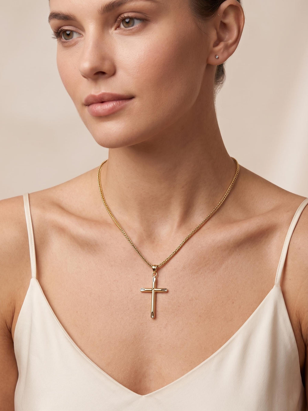 18k Gold Cross Necklace: Foxtail Chain 2mm, Gift Box