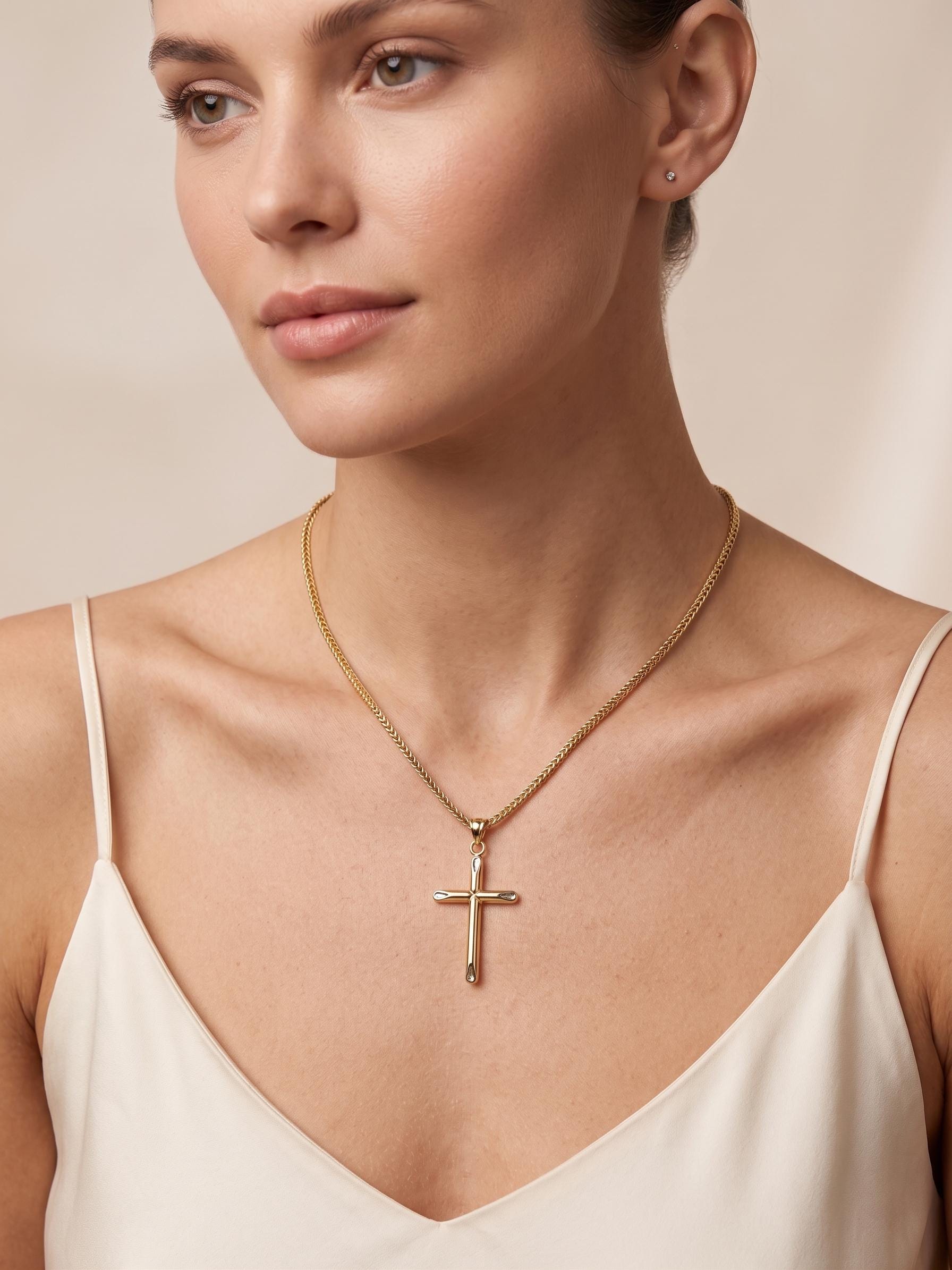 18k Gold Cross Necklace: Foxtail Chain 2mm, Gift Box