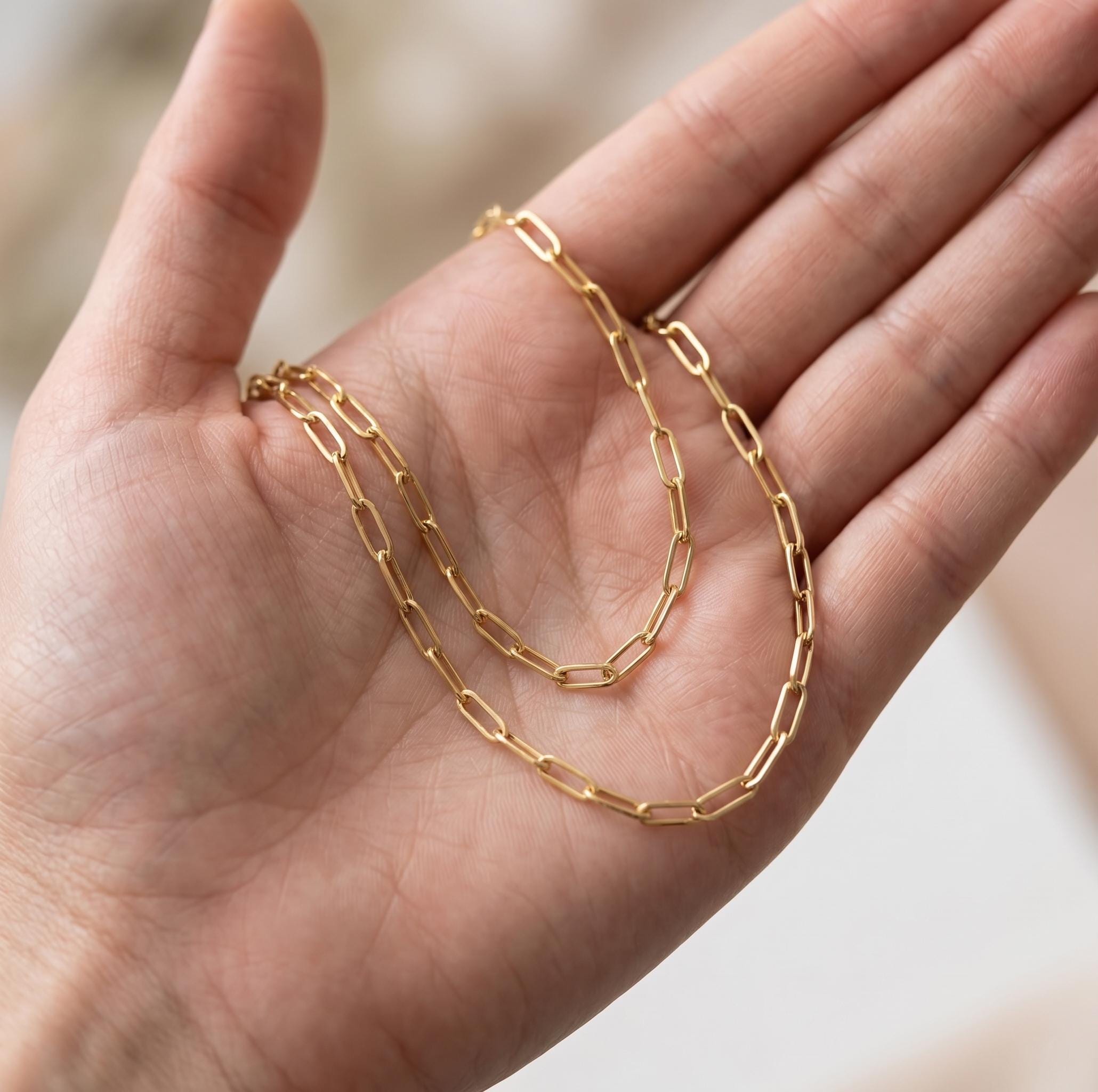 18k Real Gold Paperclip Chain Necklace, 3mm Thickness, Oval Link.
