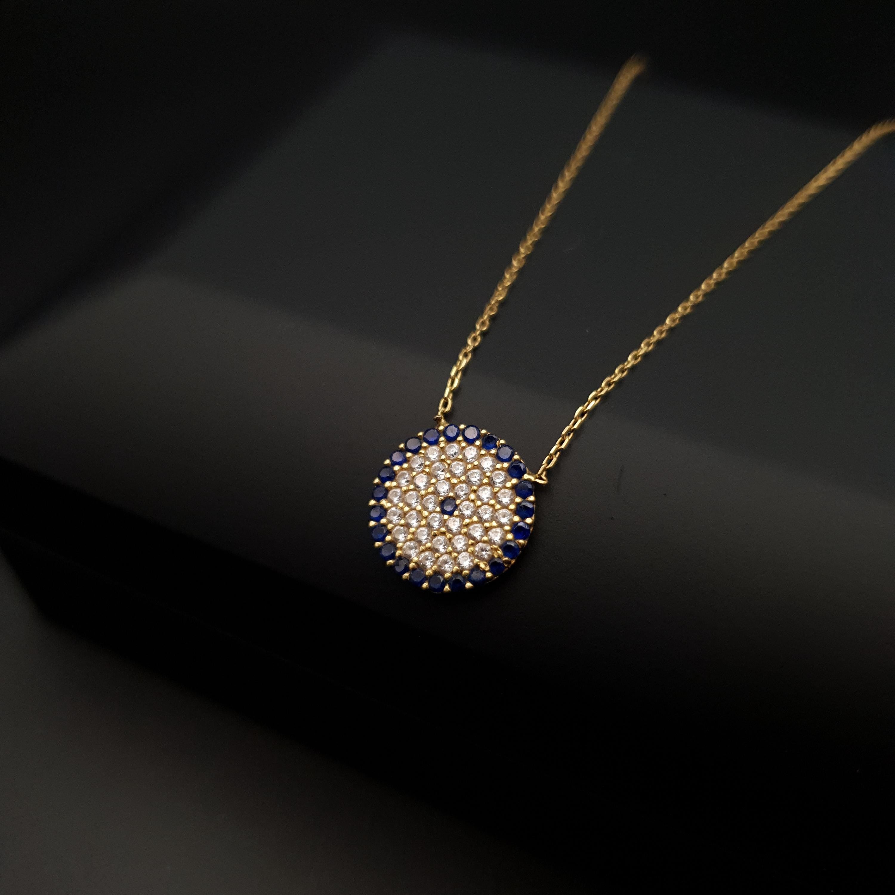 18K Gold Evil Eye Necklace, Modern Design