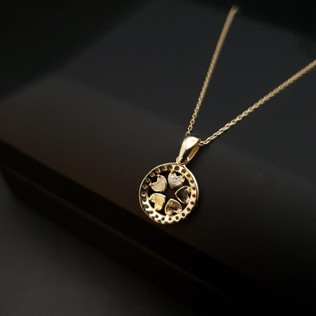 14k Real Gold Floral Heart Necklace: Circle Charm, 17 inch