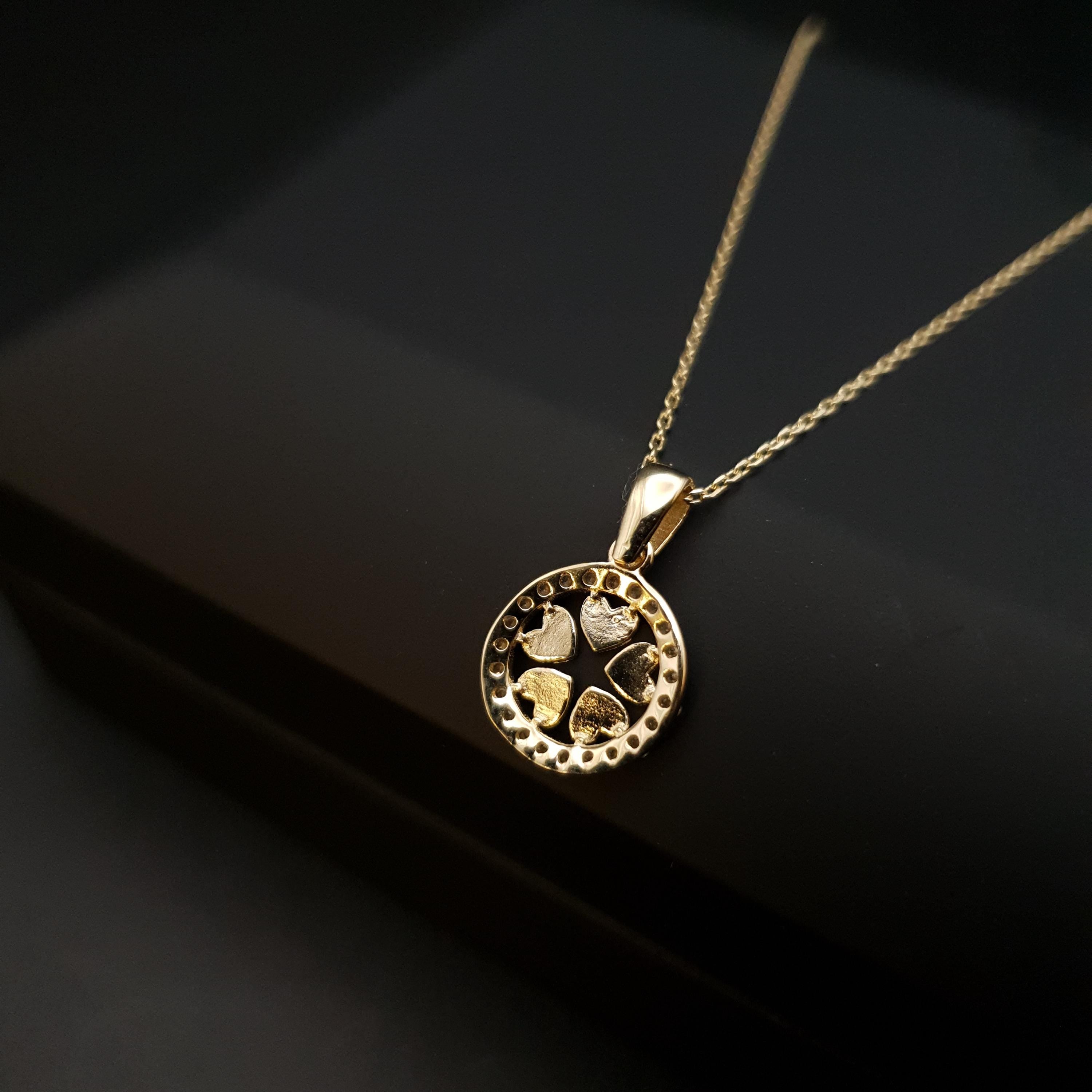14k Real Gold Floral Heart Necklace: Circle Charm, 17 inch