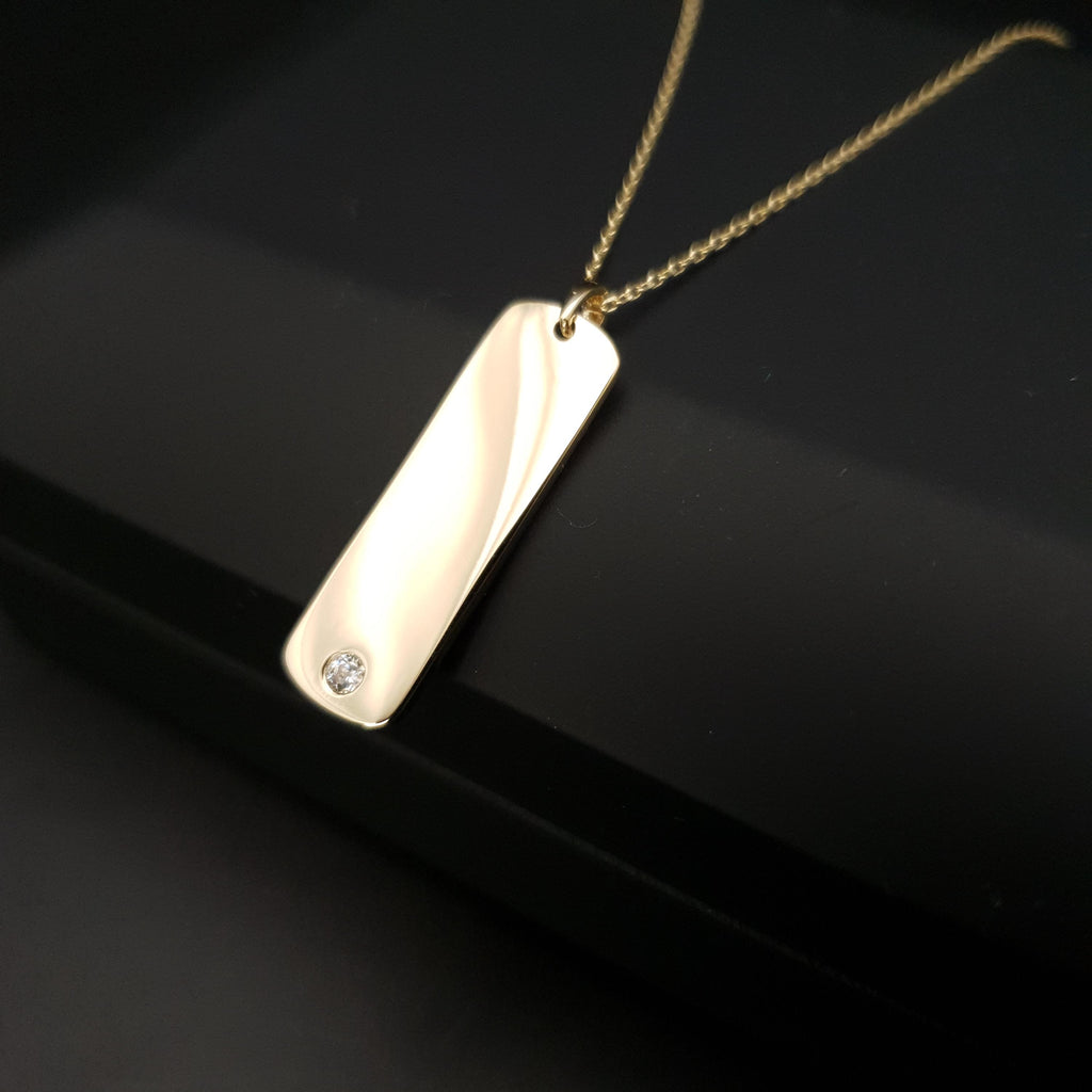14K Gold Rectangle Plate Necklace with Charm