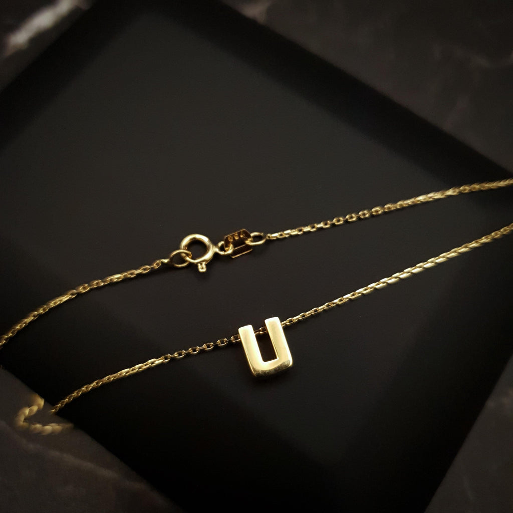 18K Real Gold U Letter Necklace - Minimalist Initial Pendant