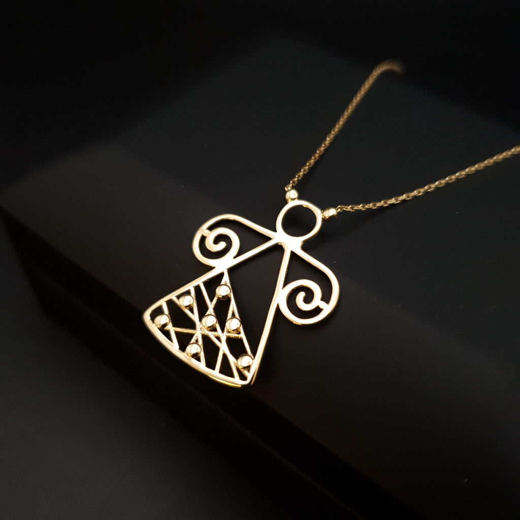 18K Gold Angel Pendant Necklace: Abstract Design, 17 Inch Chain