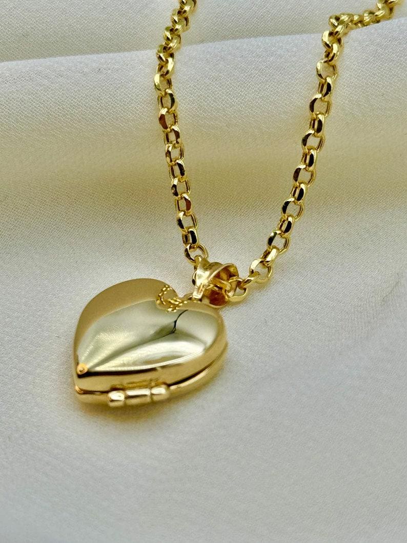 14k Real Gold Heart Locket Necklace, Rolo Chain Photo Memorial Pendant