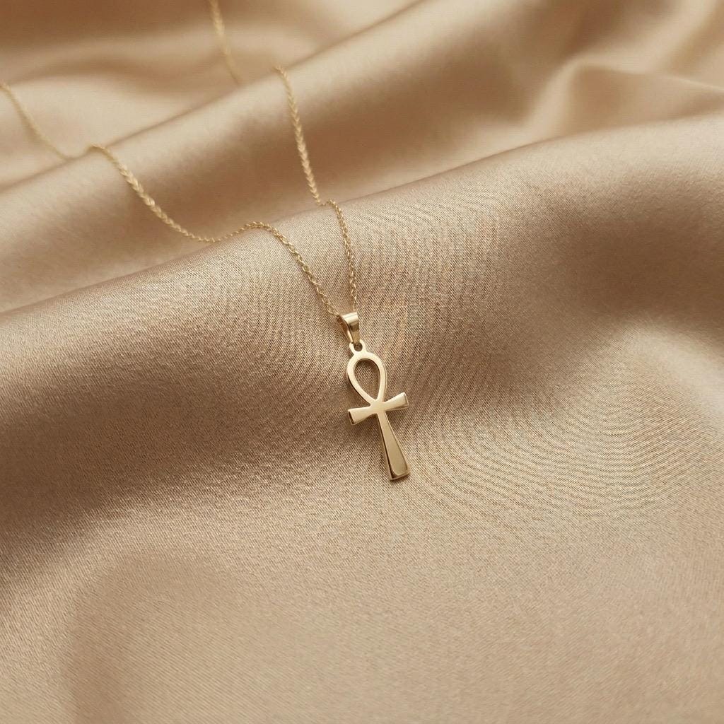 14K Gold Ankh Cross Pendant Necklace