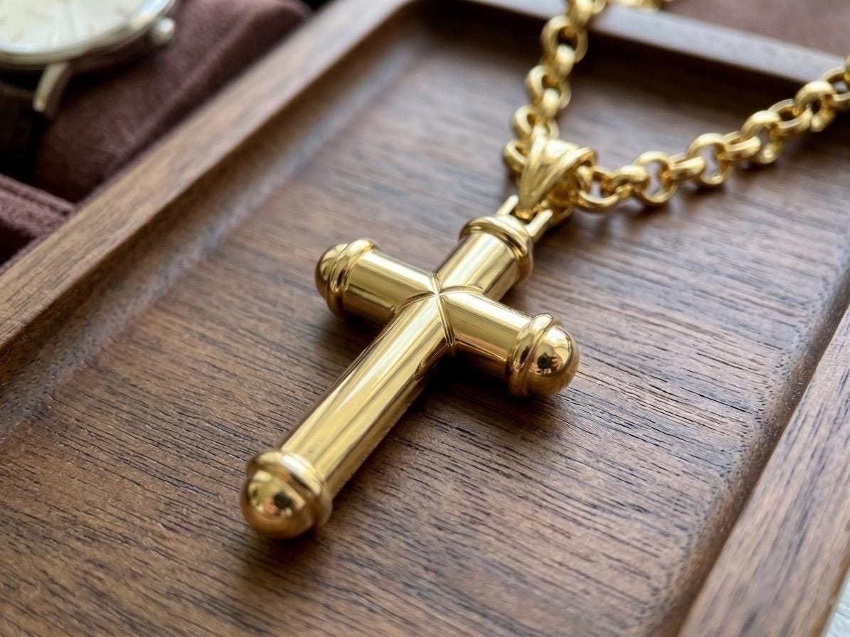 14k Real Gold Cross Necklace: Chunky Rolo Chain, Nice Gift