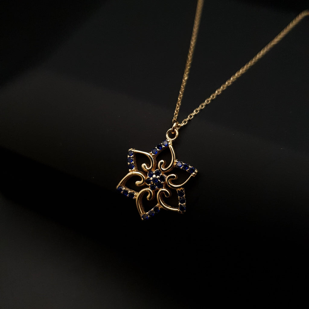 18K Gold Floral Pendant Necklace: Dark Blue Cubic Zirconia