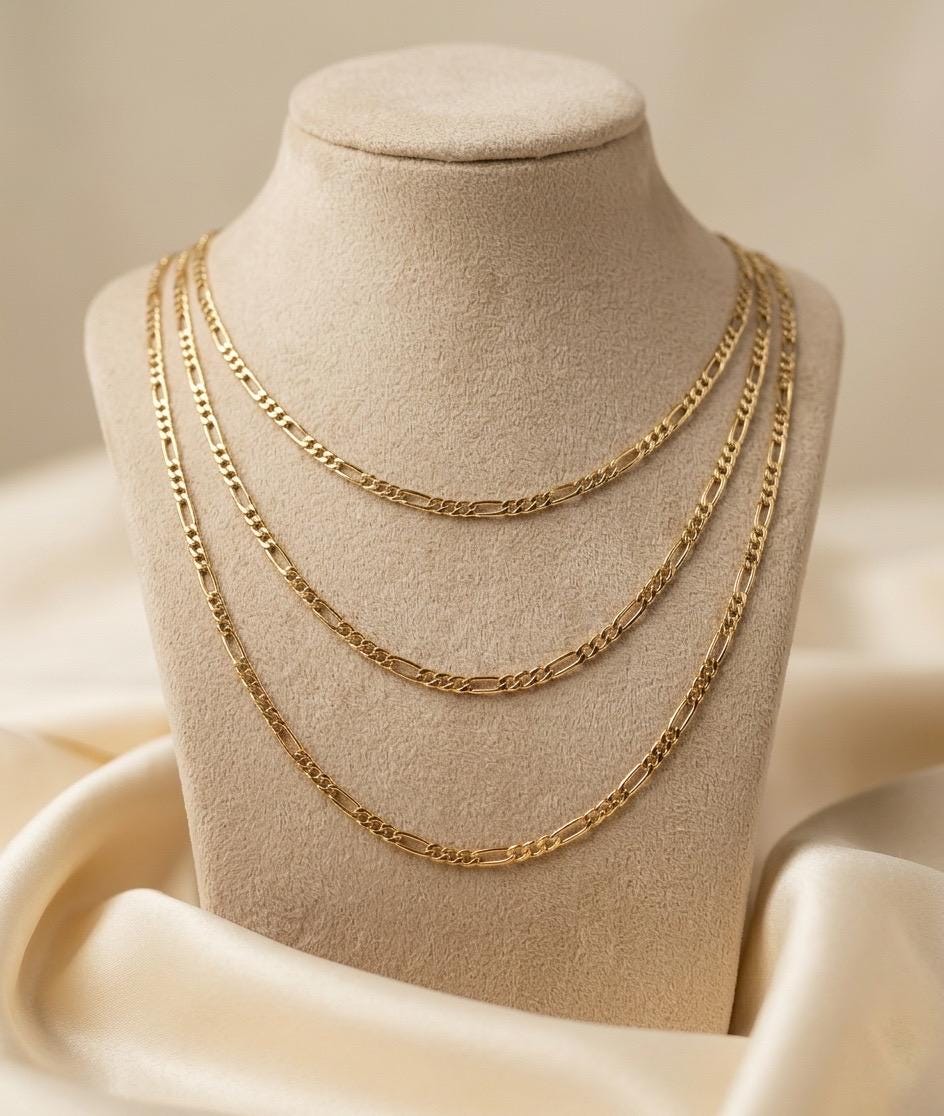 18k Real Gold Figaro Chain Necklace, Thickness 2.75MM