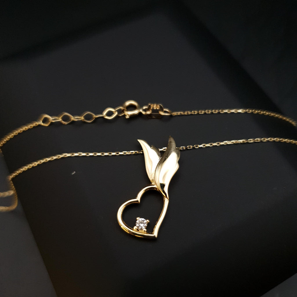 18K Gold Winged Heart Necklace with Diamond
