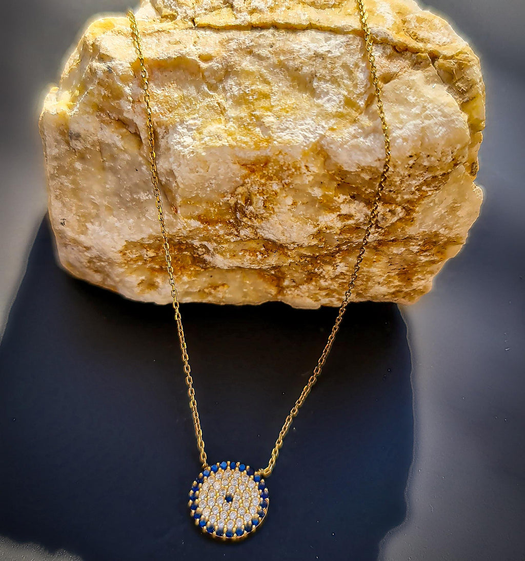 18K Gold Evil Eye Necklace, Modern Design