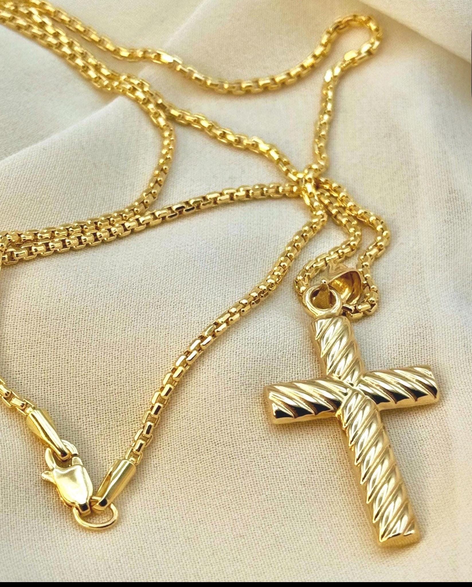 18k Real Gold Cross Necklace with 2mm Box Chain,Cross Pendant