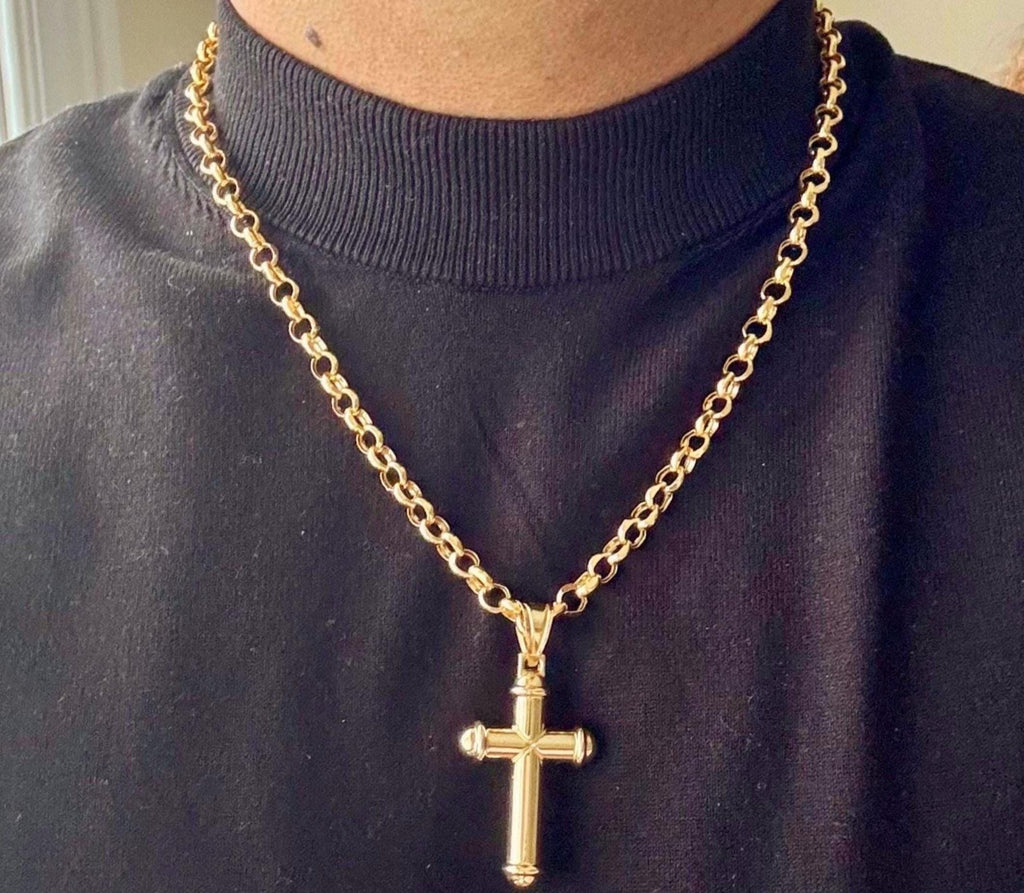14k Real Gold Cross Necklace: Chunky Rolo Chain, Nice Gift