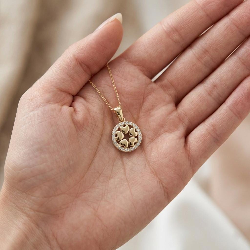 14k Real Gold Floral Heart Necklace: Circle Charm, 17 inch