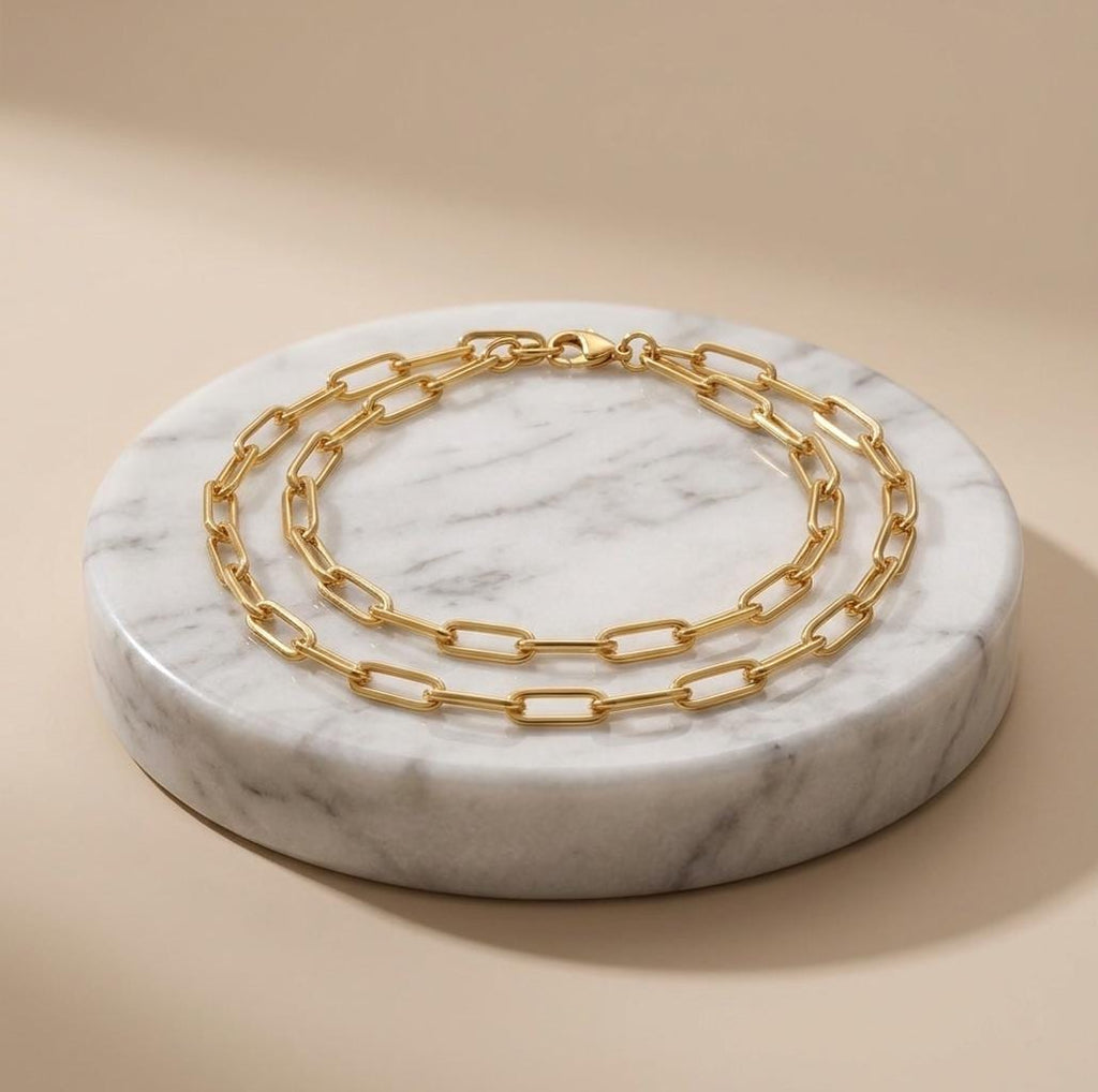 18k Real Gold Paperclip Chain Necklace, 3mm Thickness, Oval Link.