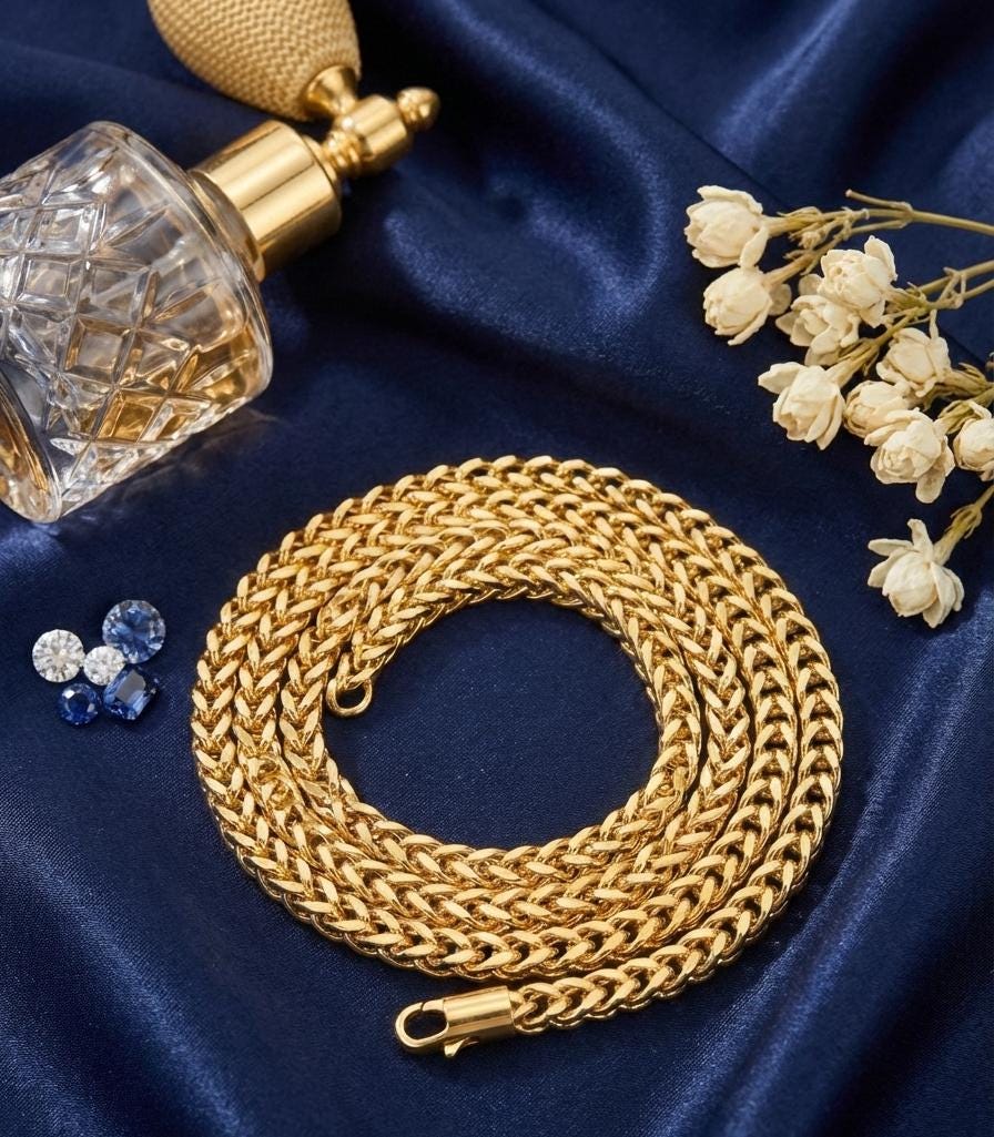 18k Real Gold Franco Chain Necklace , 2.5 - 3MM Thickness , Foxtail Chain