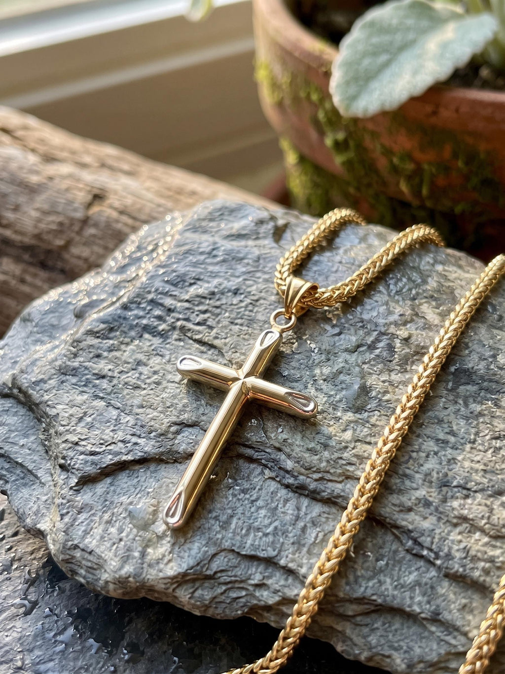 18k Gold Cross Necklace: Foxtail Chain 2mm, Gift Box