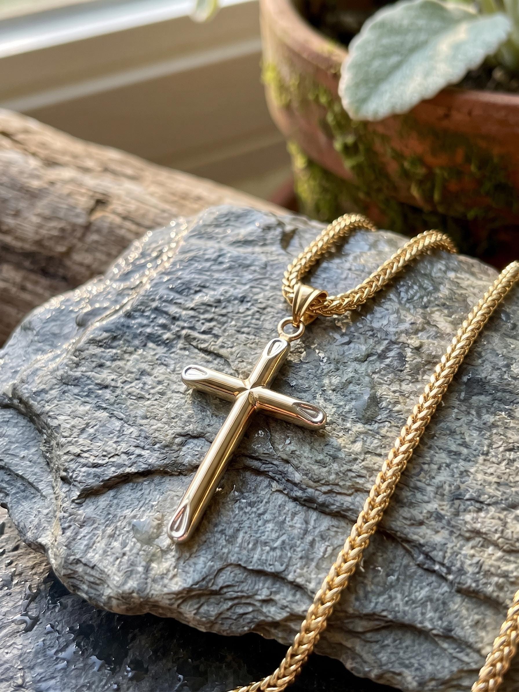 18k Gold Cross Necklace: Foxtail Chain 2mm, Gift Box