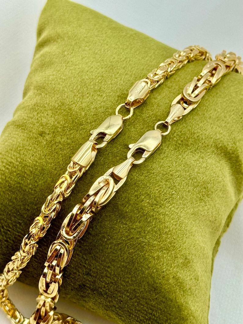 14K Real Gold Byzantine Chain Necklace: 3mm - 5mm Thickness. Everyday gold jewelry
