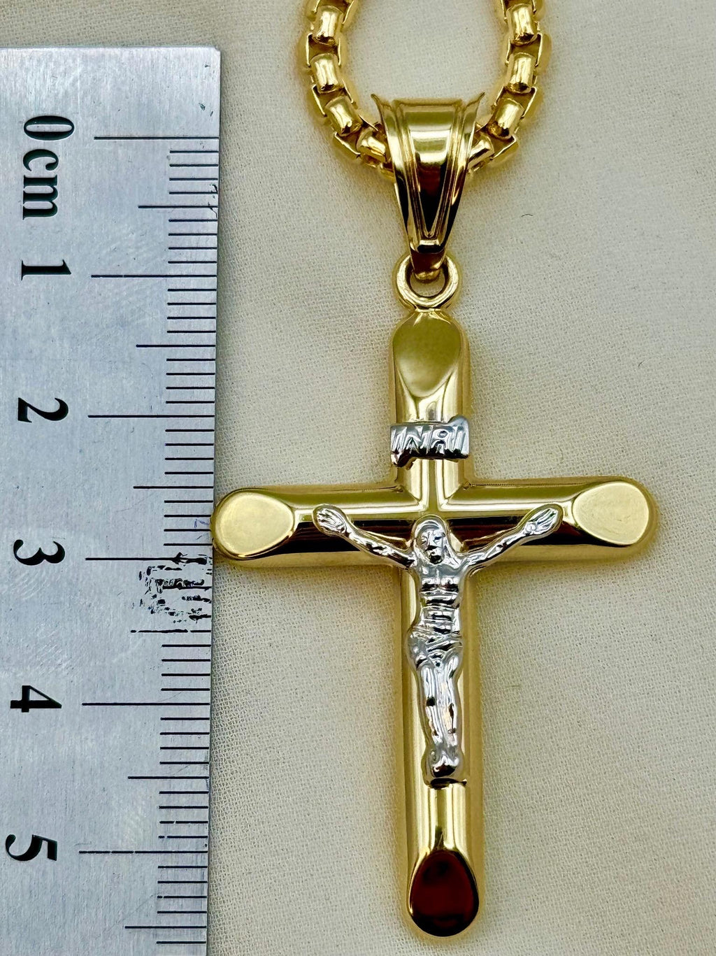14K Real Gold Cross Necklace with Box Chain, 22 & 24 Inch Length