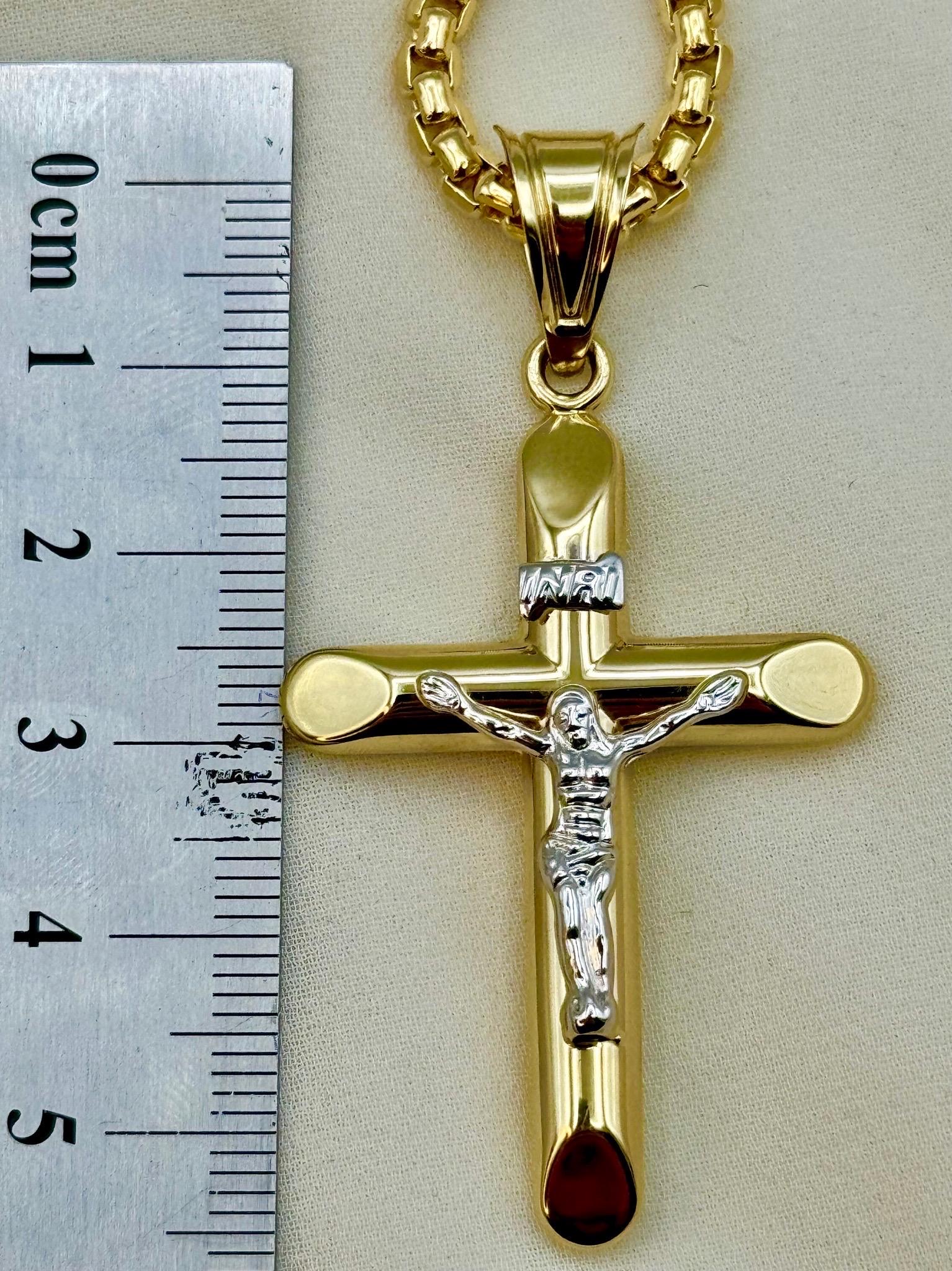 14K Real Gold Cross Necklace with Box Chain, 22 & 24 Inch Length
