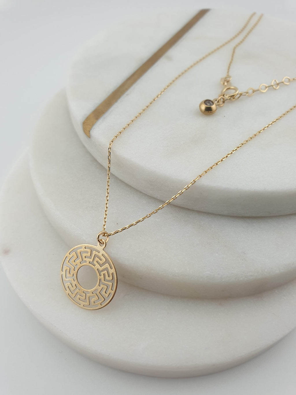 14K Gold Greek Medallion Necklace: Geometric Jewelry Gift