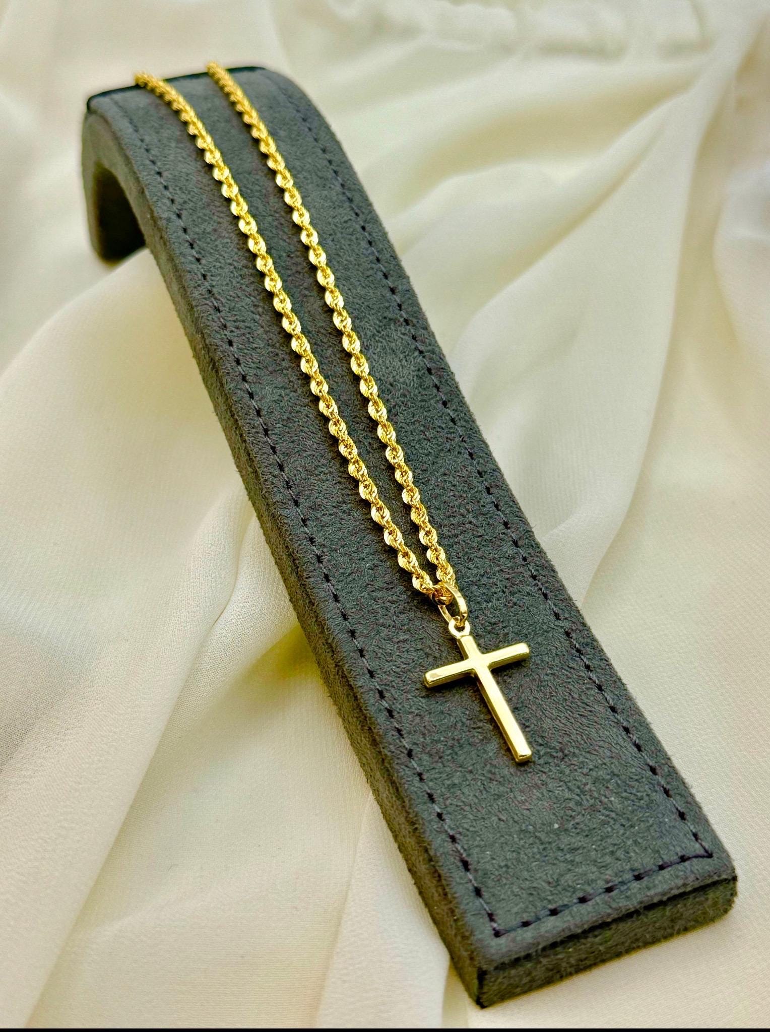 18k Real Gold Cross Necklace: 3mm Rope Chain, Nice Gift