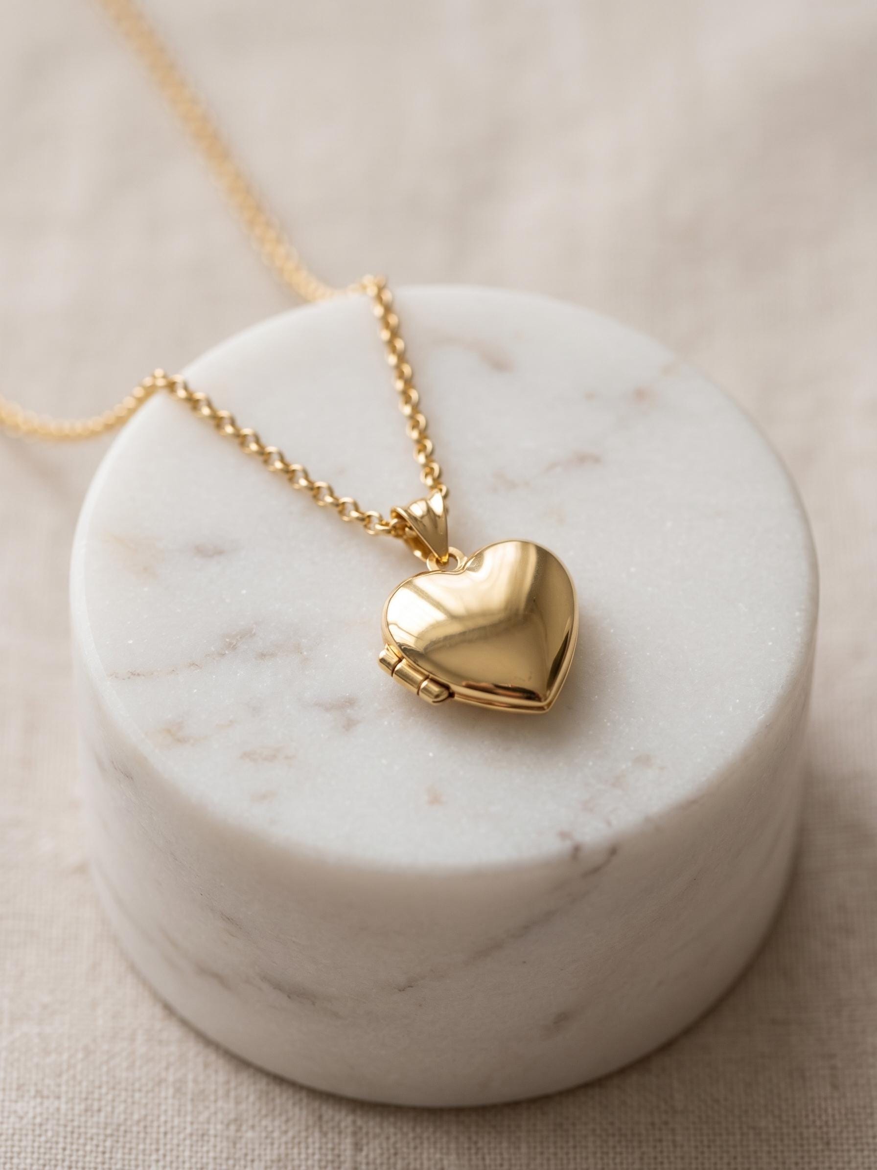 14k Real Gold Heart Locket Necklace, Rolo Chain Photo Memorial Pendant
